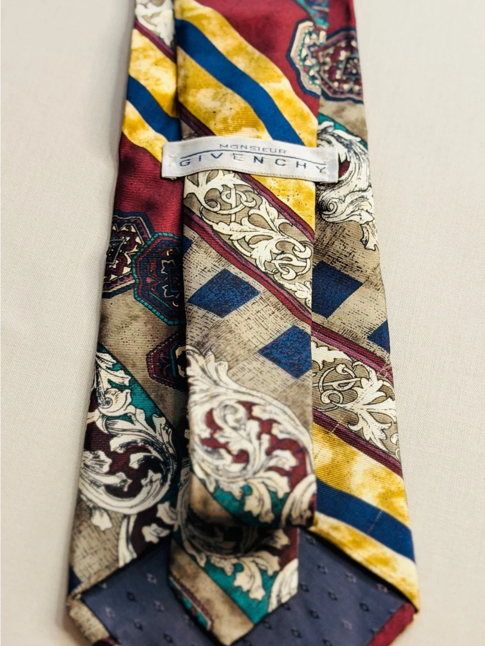 Givenchy Burgundy Navy Gold Patterned Silk Tie